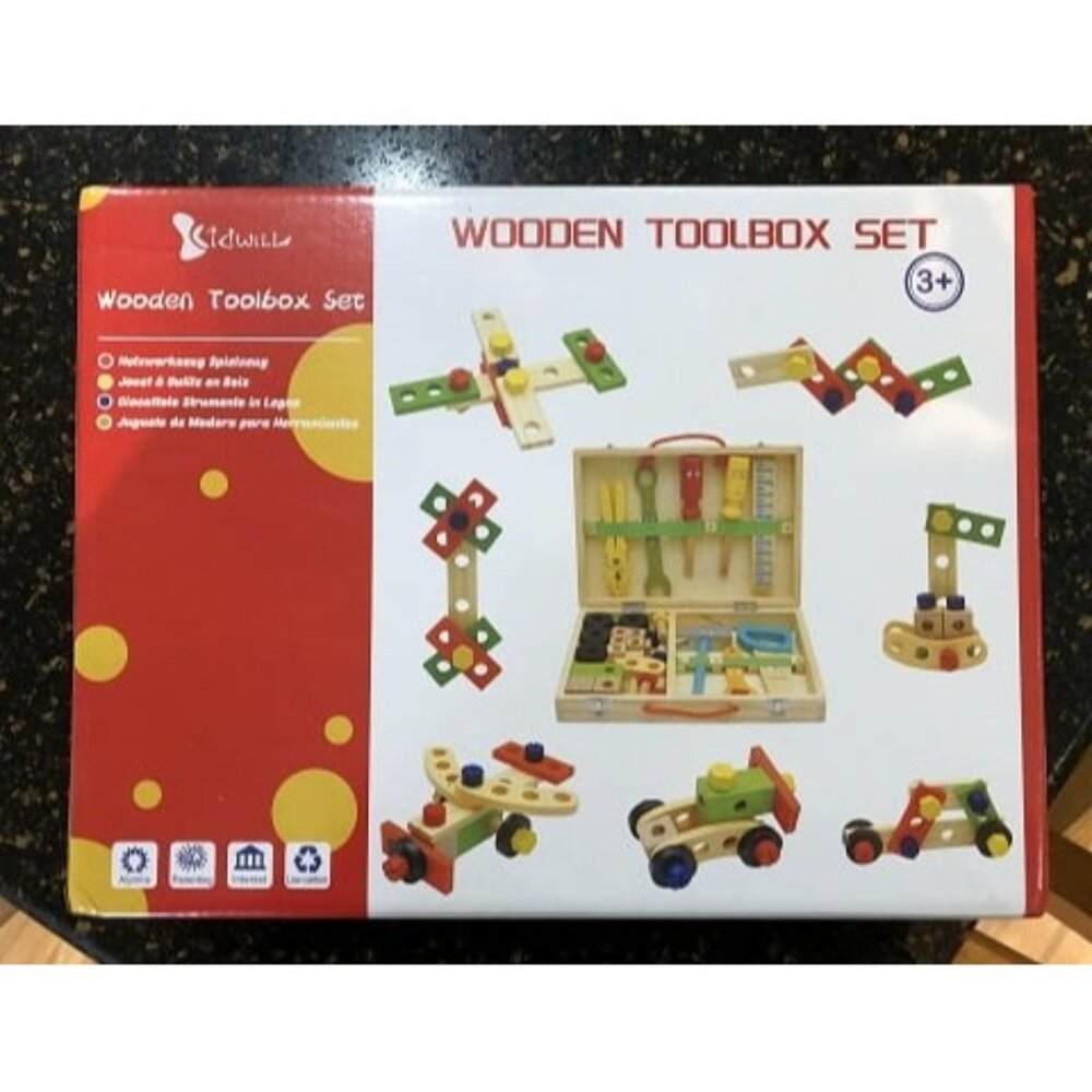 New Tool Kit for Kids, Wooden Toddler Tools Set Including Tool Box & DIY Sticker